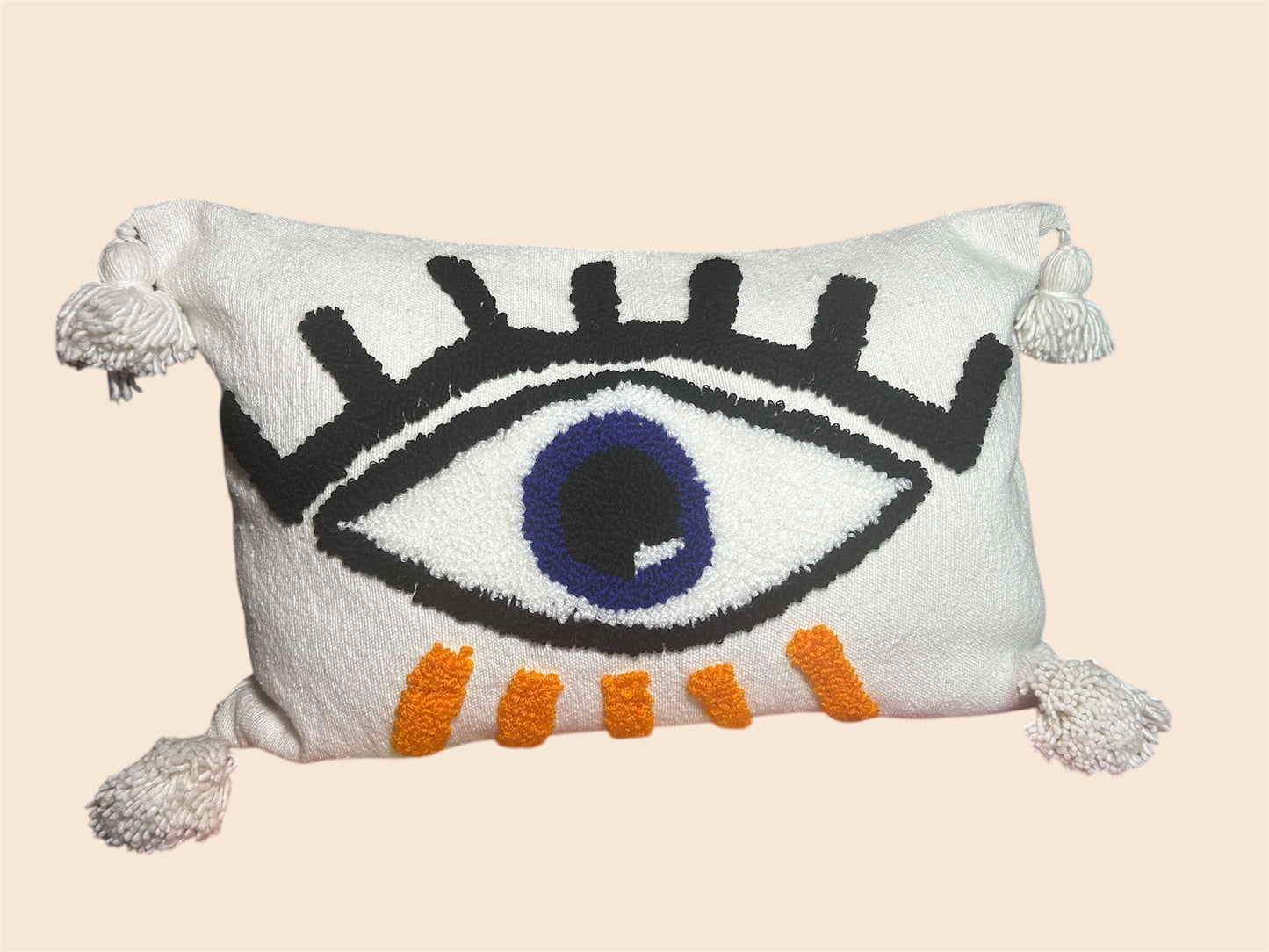 Housse de coussin motif oeil et pompons 60x40cm Musaïca